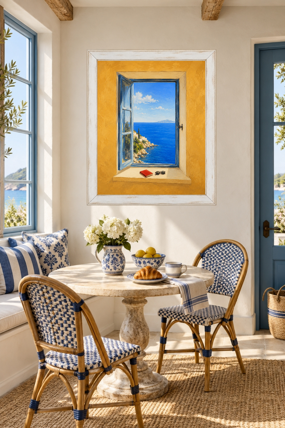 Mediterranean Window Print, Blue Sea View, Greek Island Coastal Art