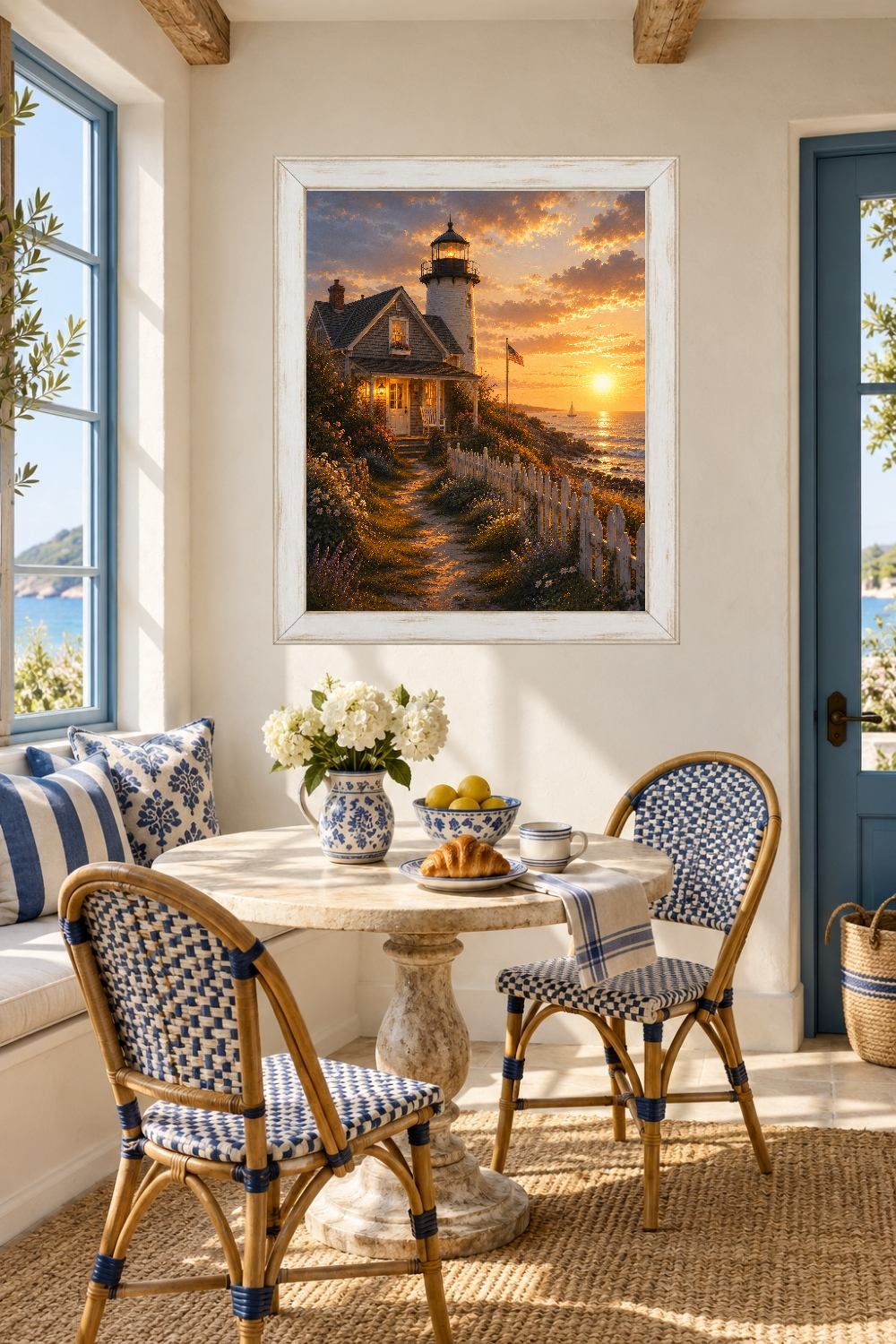 Coastal Sunset Lighthouse Print, Seaside Cottage, Nautical Decor