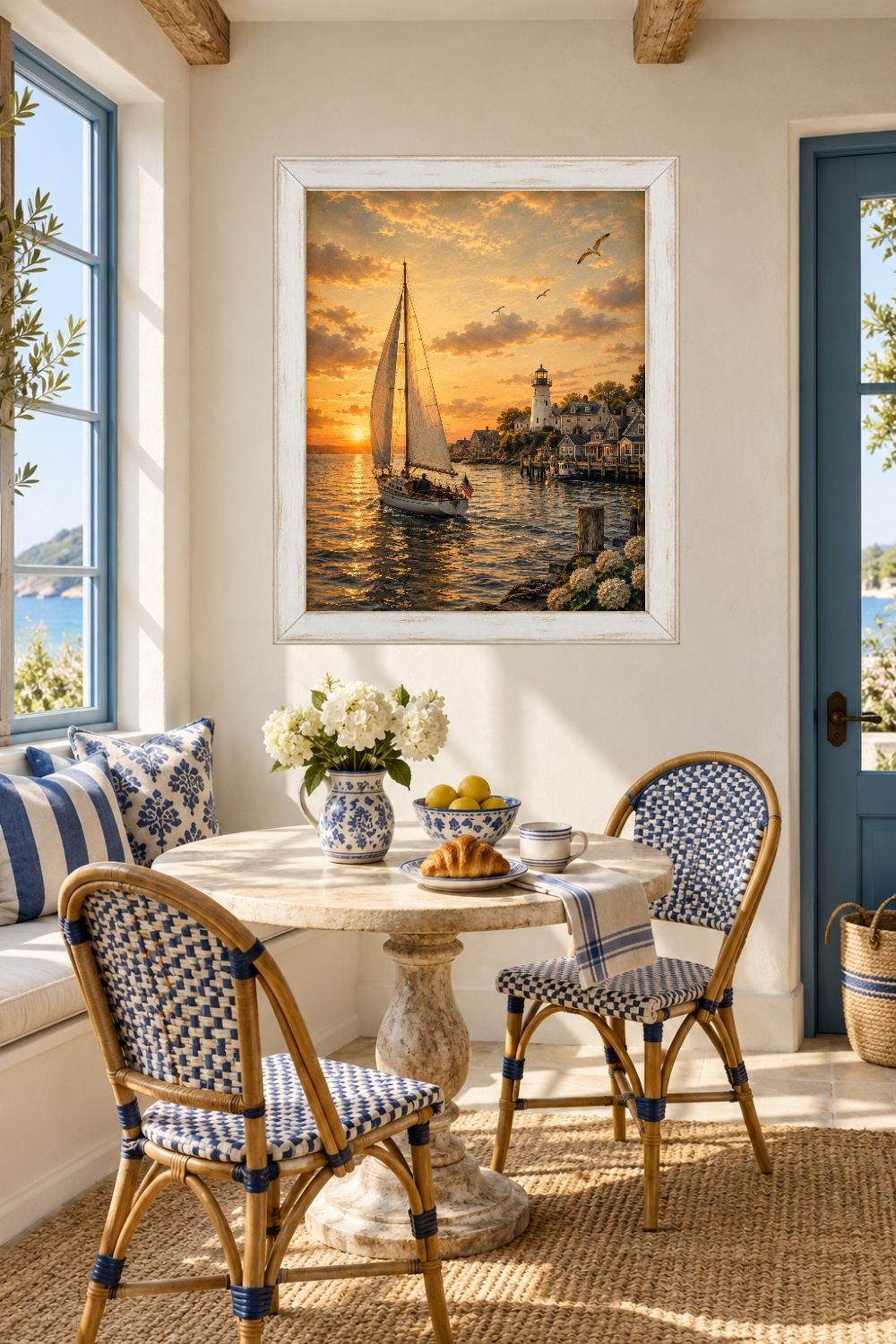 New England Lighthouse Sailboat Sunset Print, Coastal Harbor Art