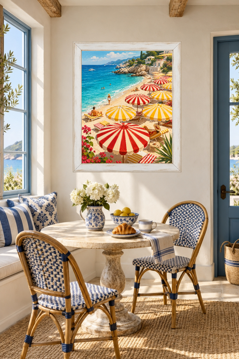 Italian Riviera Beach Club Poster, Striped Umbrellas, Mediterranean Summer