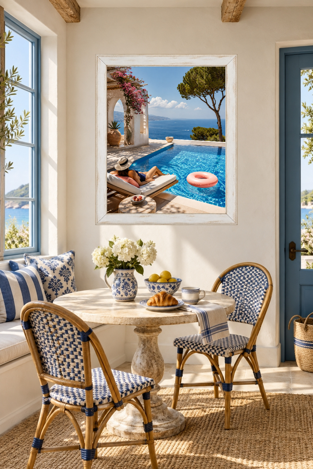 Mediterranean Poolside Woman Print, Infinity Pool, Coastal Resort Art