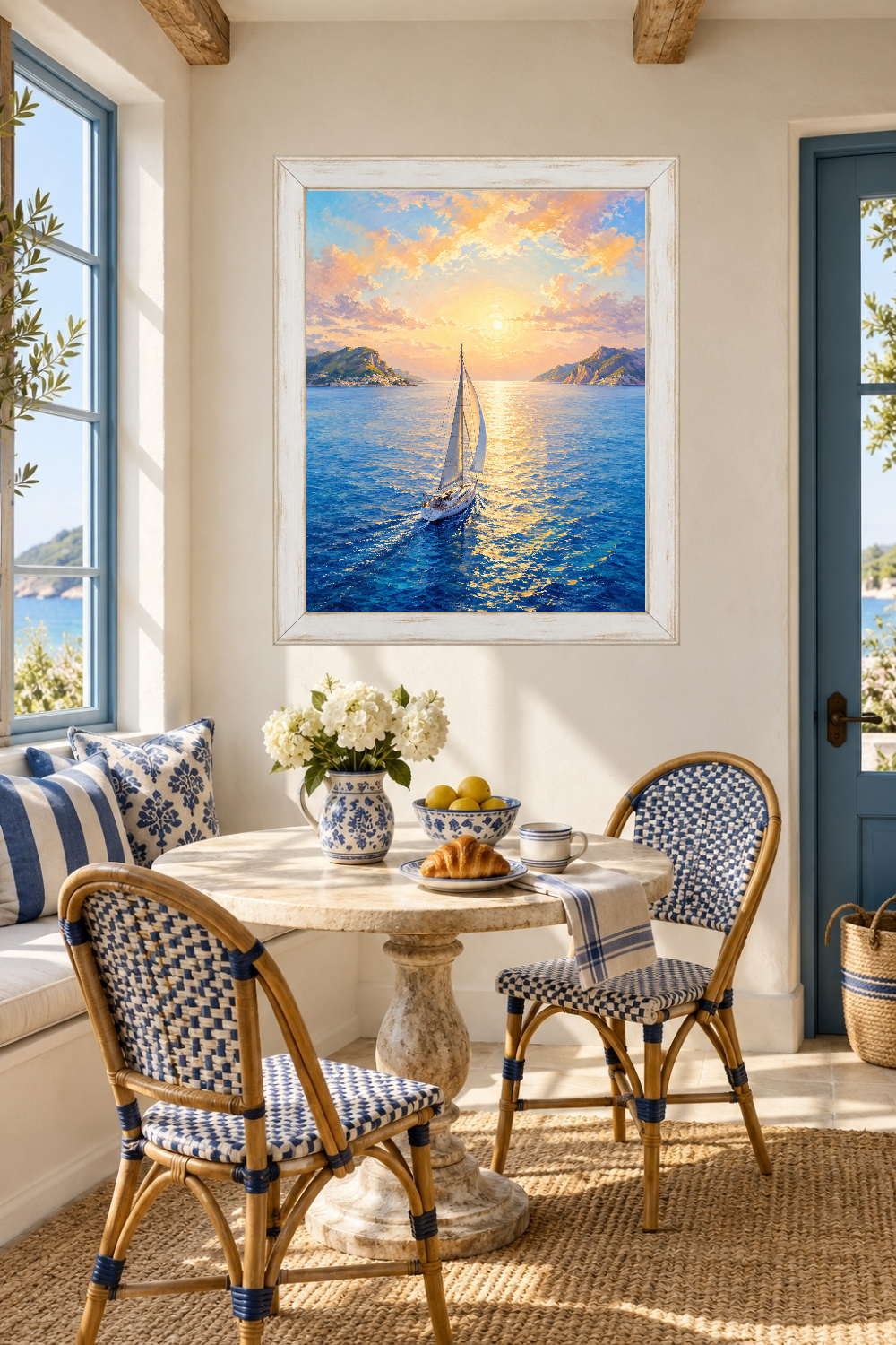 Mediterranean Sailboat Sunset Print, Coastal Seascape Art