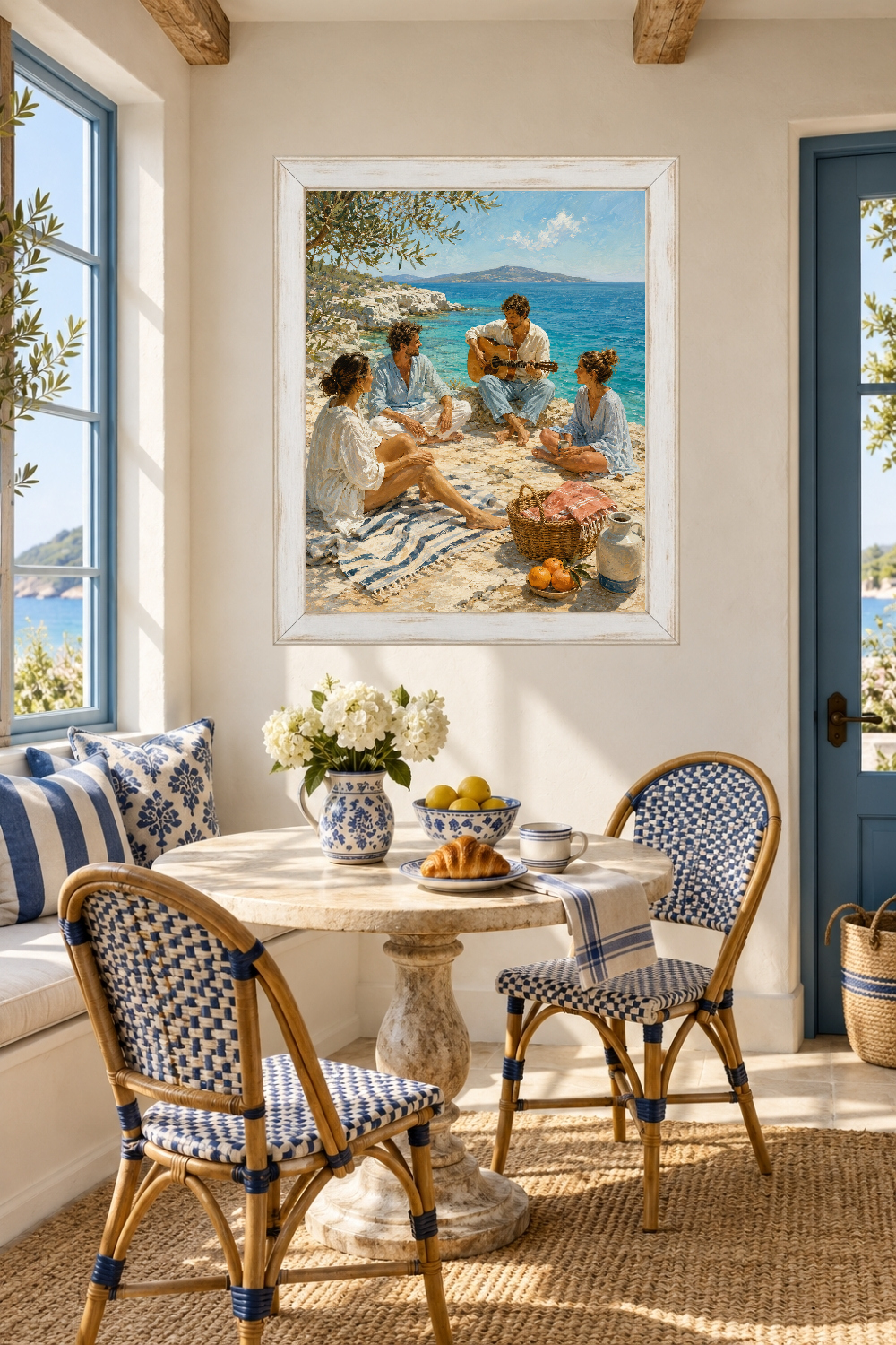 Mediterranean Guitar Picnic Print, Seaside Friends, Coastal Summer Art