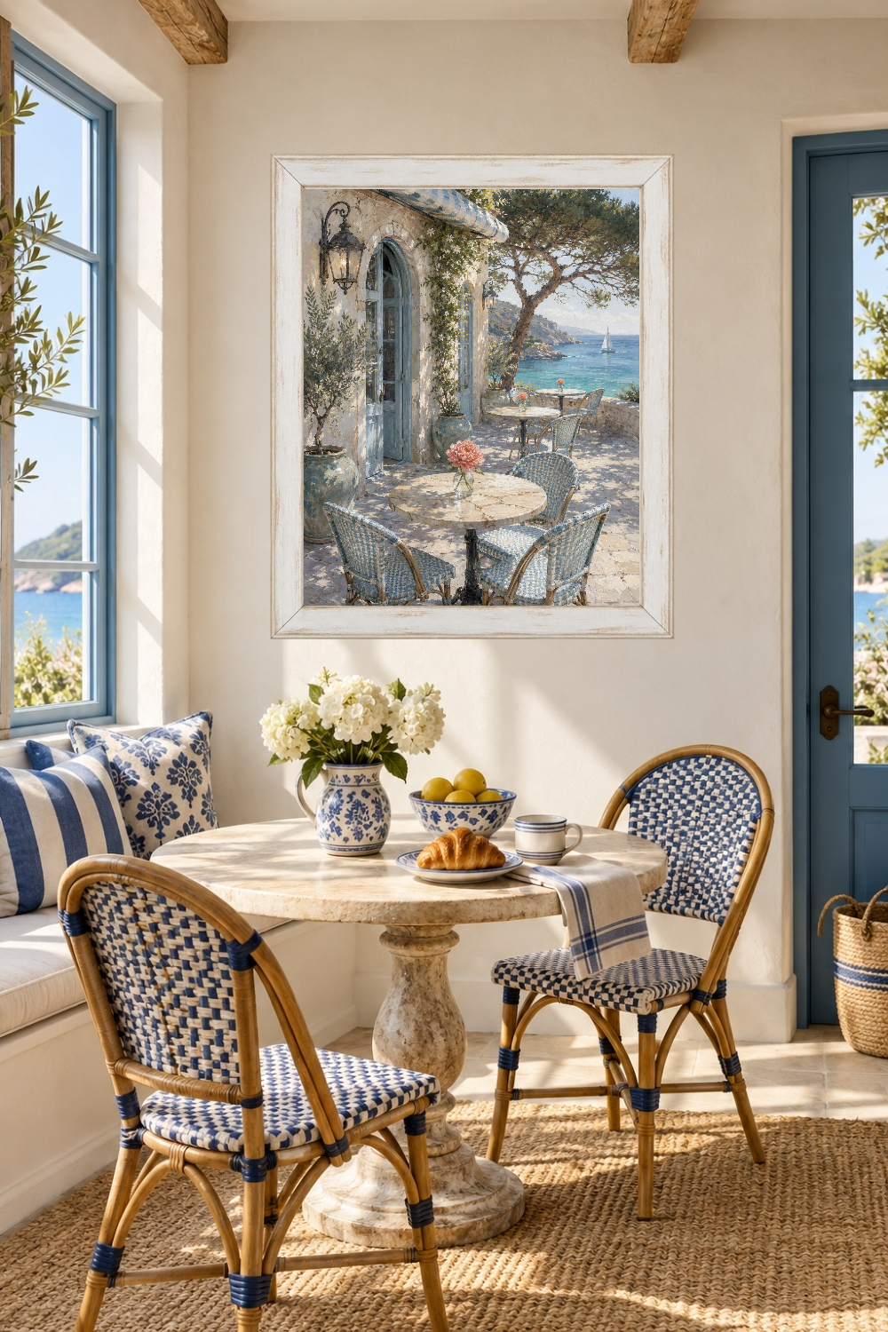 Mediterranean Café Terrace Print, Coastal Dining Art, Italian Riviera Decor