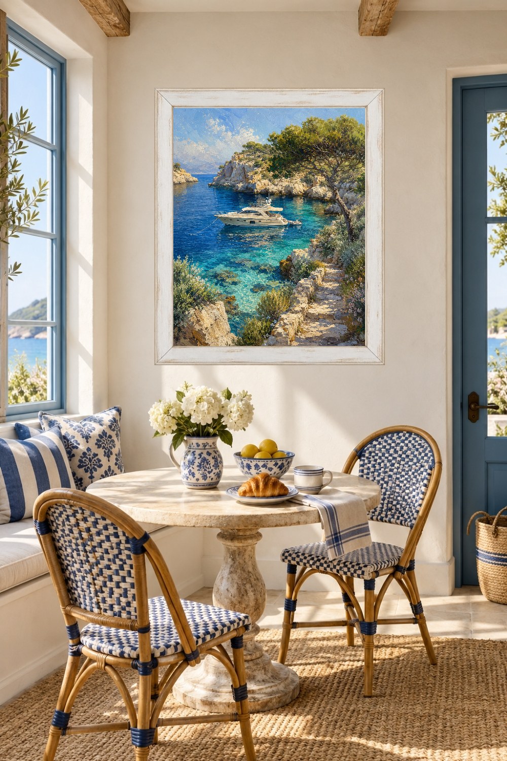 Mediterranean Yacht Cove Print, Turquoise Coastal Landscape