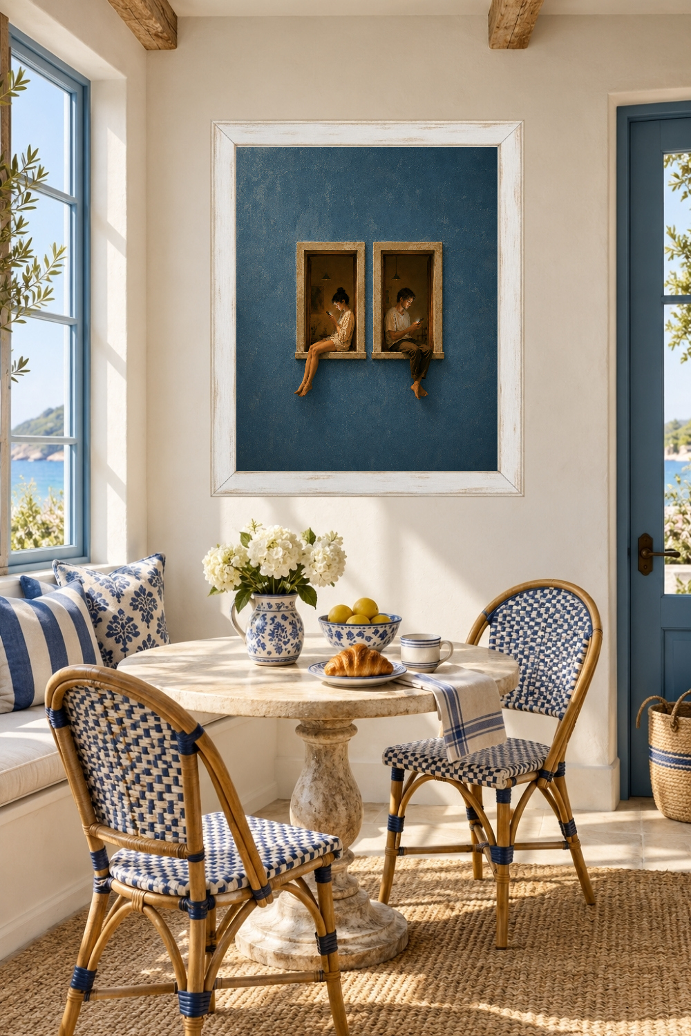 Modern Couple Wall Art, Blue Window Print, Digital Disconnect Poster