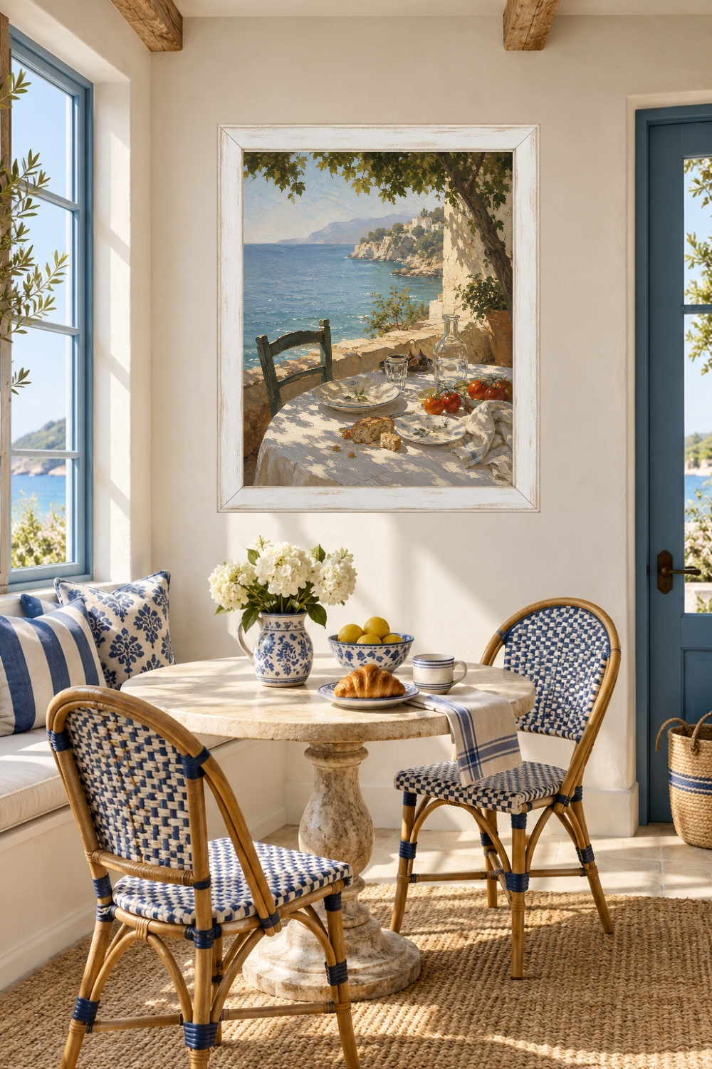 Mediterranean Dining Table Print, Coastal Sea View, Italian Riviera Kitchen Art
