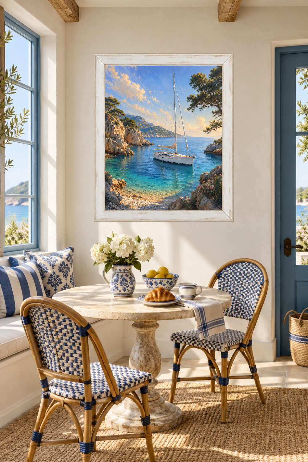 Mediterranean Sailboat Print, Turquoise Cove, Coastal Nautical Art