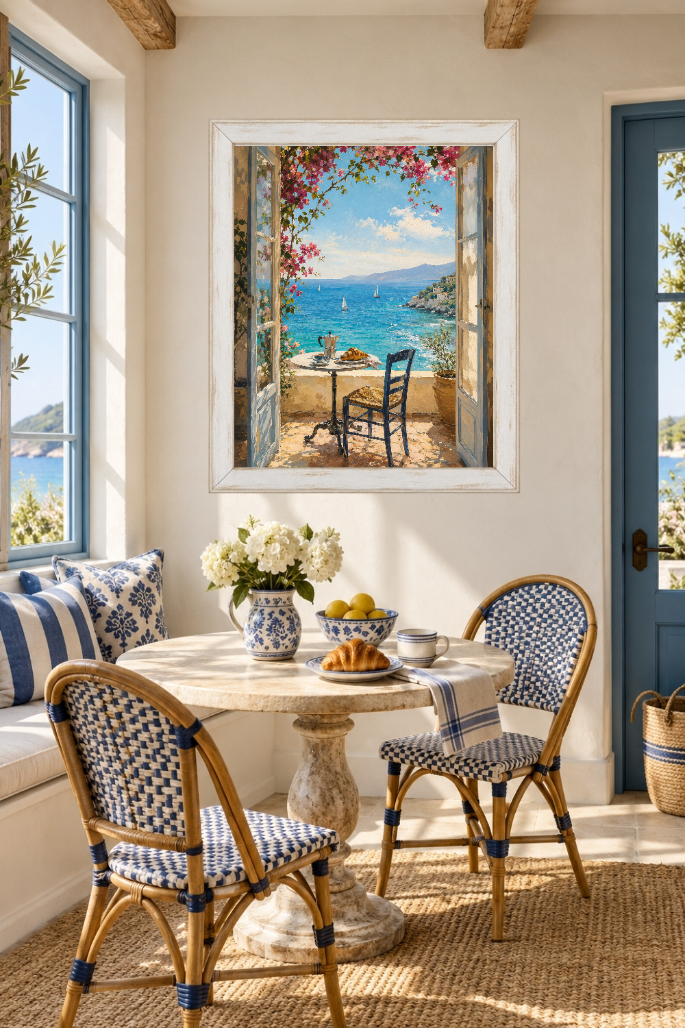 Mediterranean Breakfast Print, Sea View Window Art, Coastal Kitchen Decor