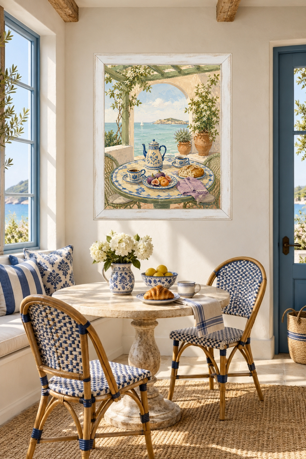 Mediterranean Breakfast Print, Coastal Sea View Terrace Art