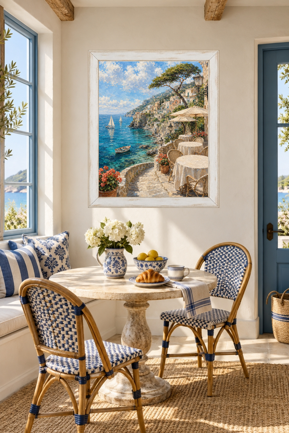Amalfi Coast Café Print, Mediterranean Sea View, Italian Riviera Dining Decor