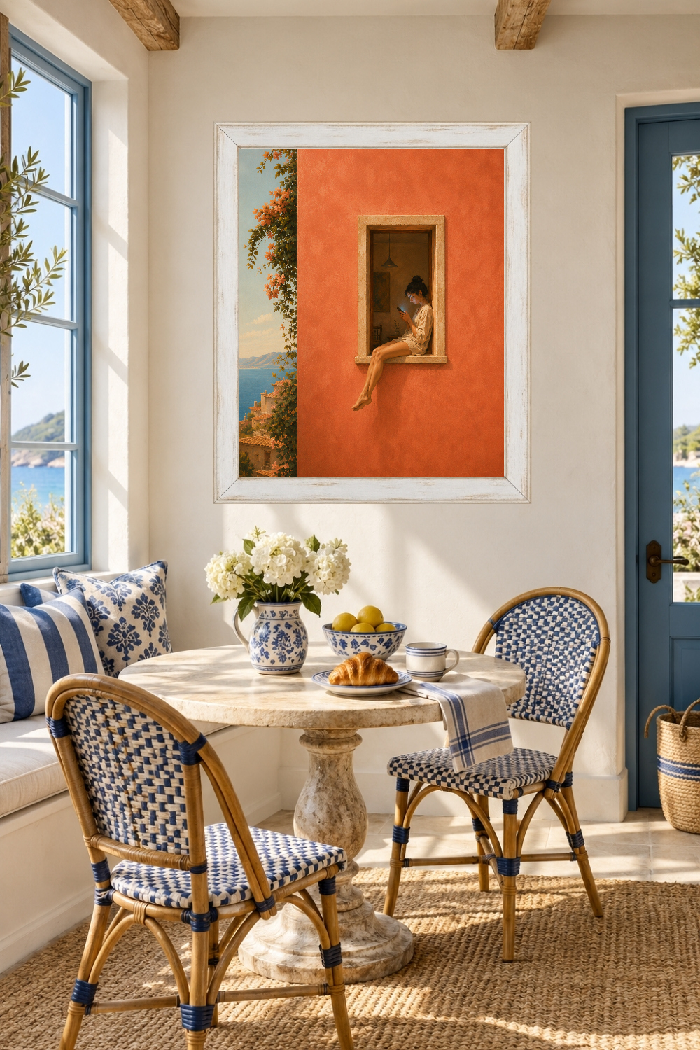 Mediterranean Woman at Window Print, Terracotta Wall Art, Coastal Decor