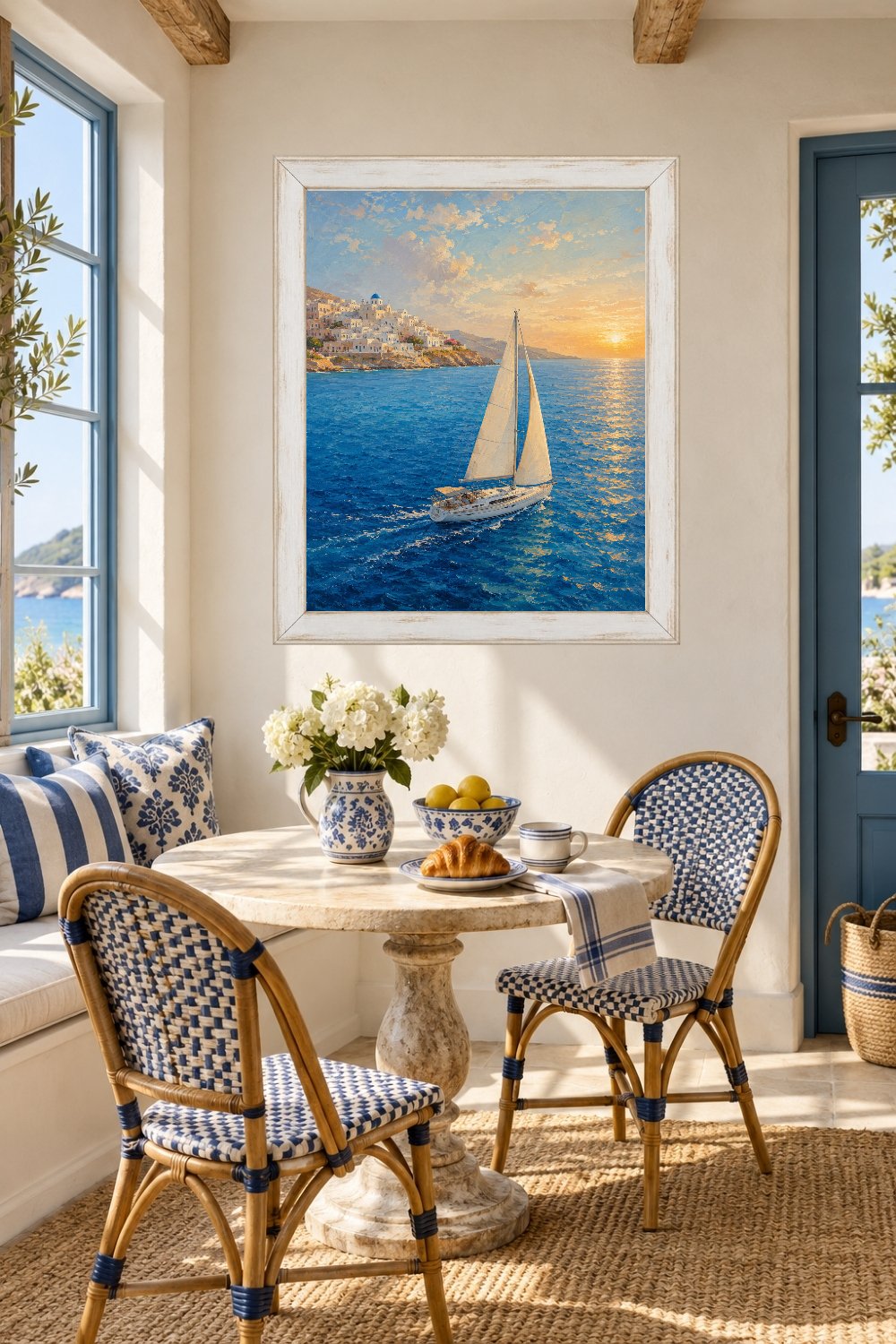 Greek Island Wall Art, Santorini Sailboat Print, Mediterranean Sunset Poster, Coastal Decor