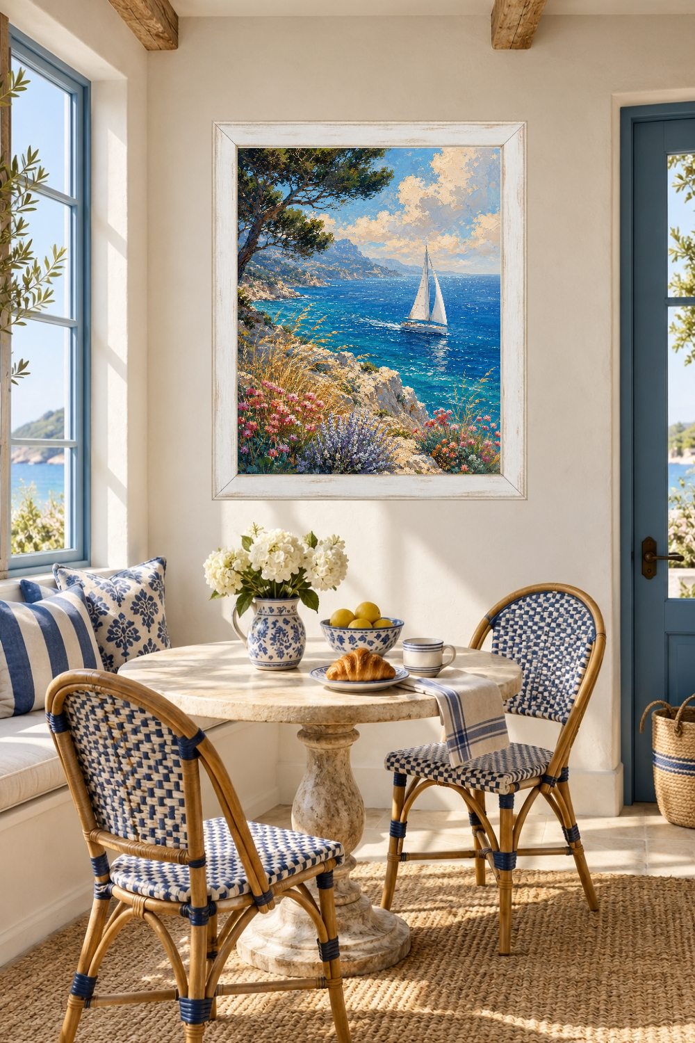 Mediterranean Sailboat Coastal Print, Seaside Landscape, Nautical Beach House Decor