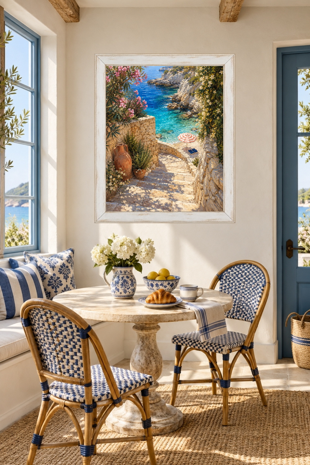 Mediterranean Stone Stairway Print, Turquoise Cove, Greek Island Coastal Art
