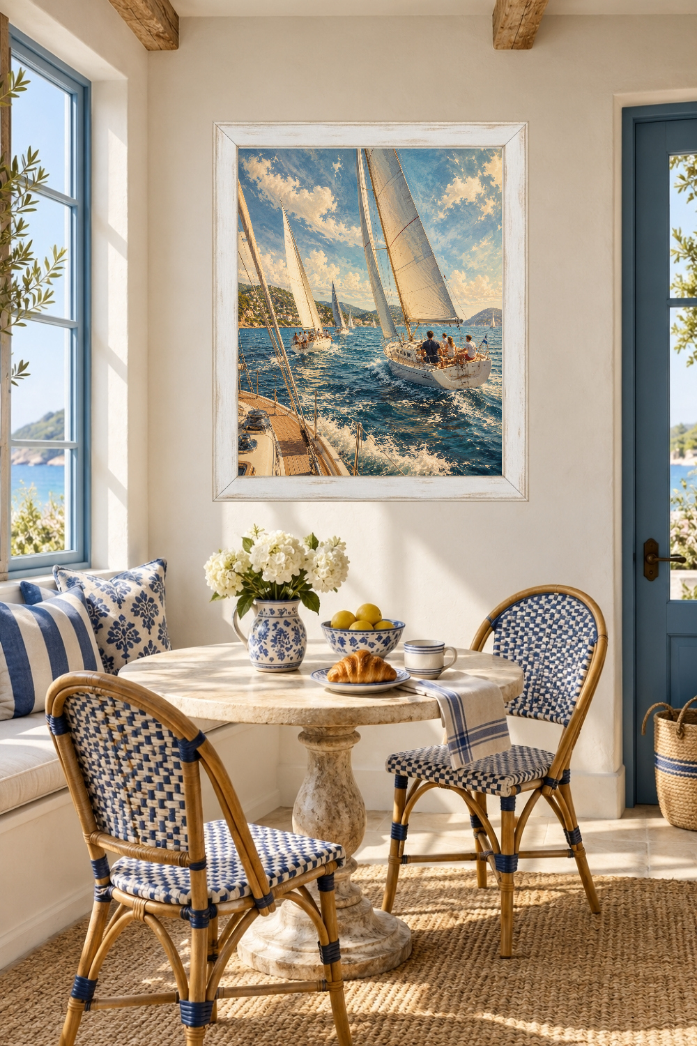 Mediterranean Sailboat Regatta Print, Coastal Yacht Race Art