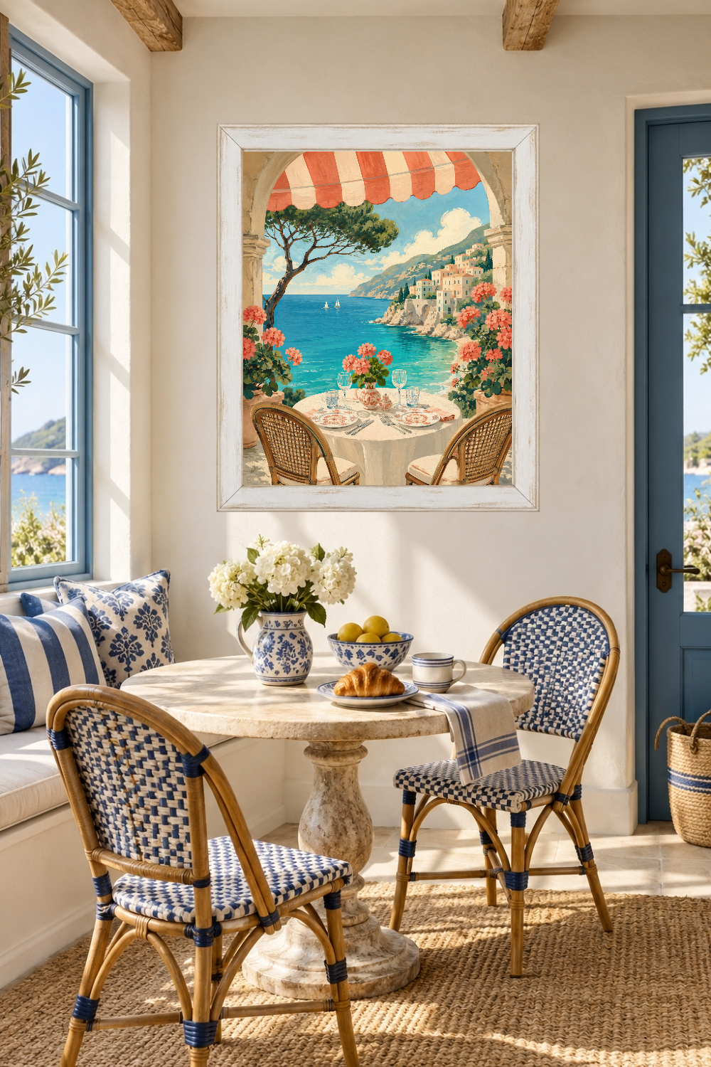 Mediterranean Terrace Art, Amalfi Coast Sea View Print, Coastal Dining Room Decor