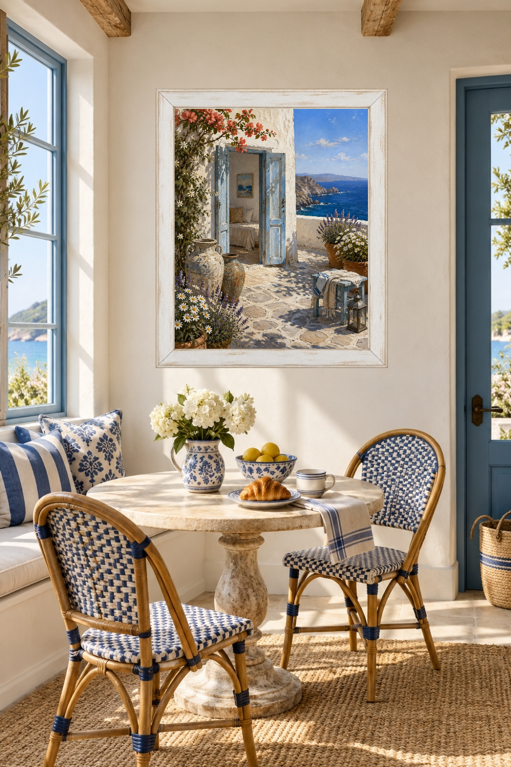 Greek Island Coastal Print, Blue Doorway, Mediterranean Sea View