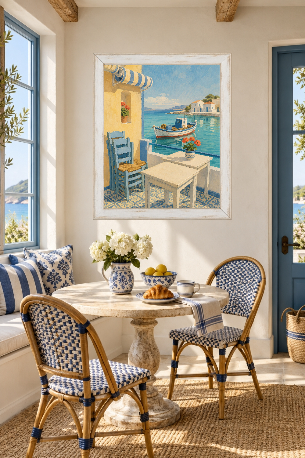 Greek Island Harbor Print, Mediterranean Taverna, Fishing Boat