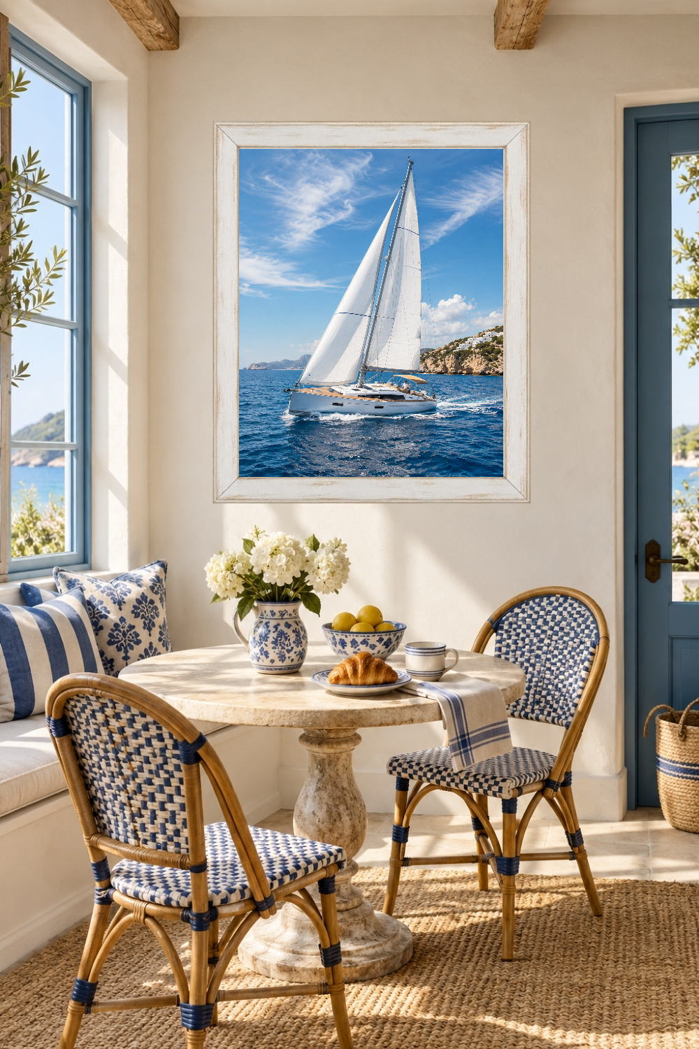 Mediterranean Sailboat Print, White Yacht, Coastal Ocean Decor