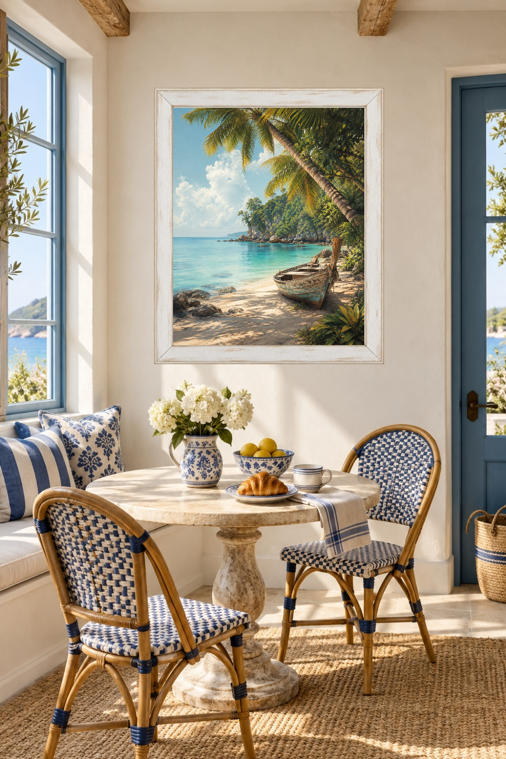 Tropical Beach Print, Wooden Boat, Palm Tree Seascape