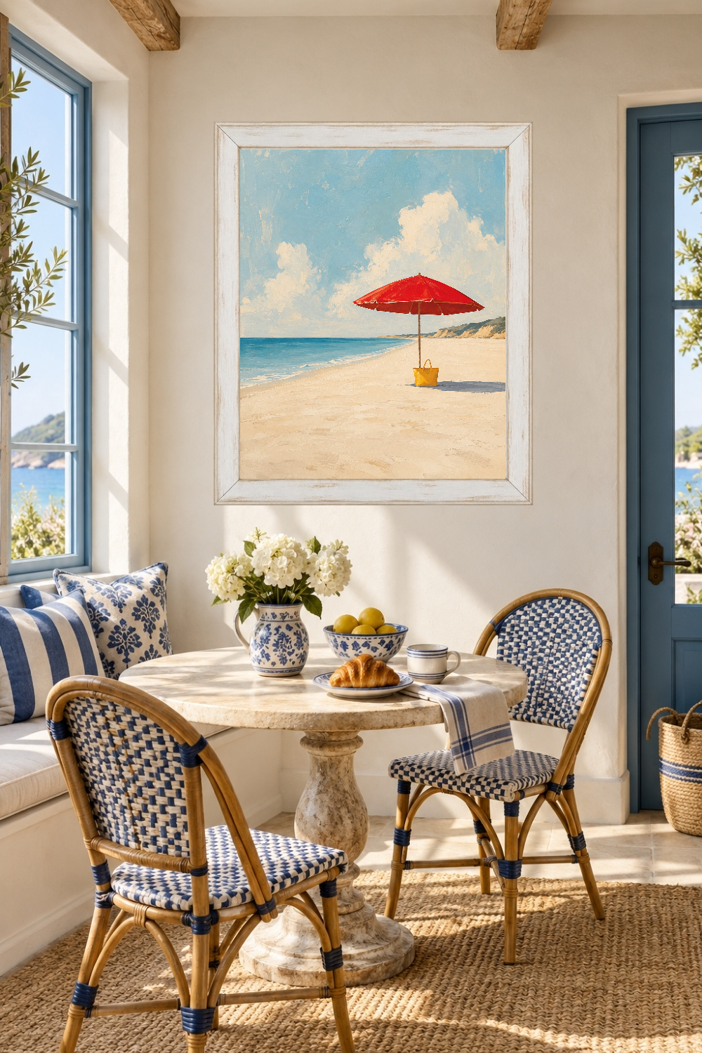 Red Beach Umbrella Wall Art, Coastal Beach Print, Summer Decor