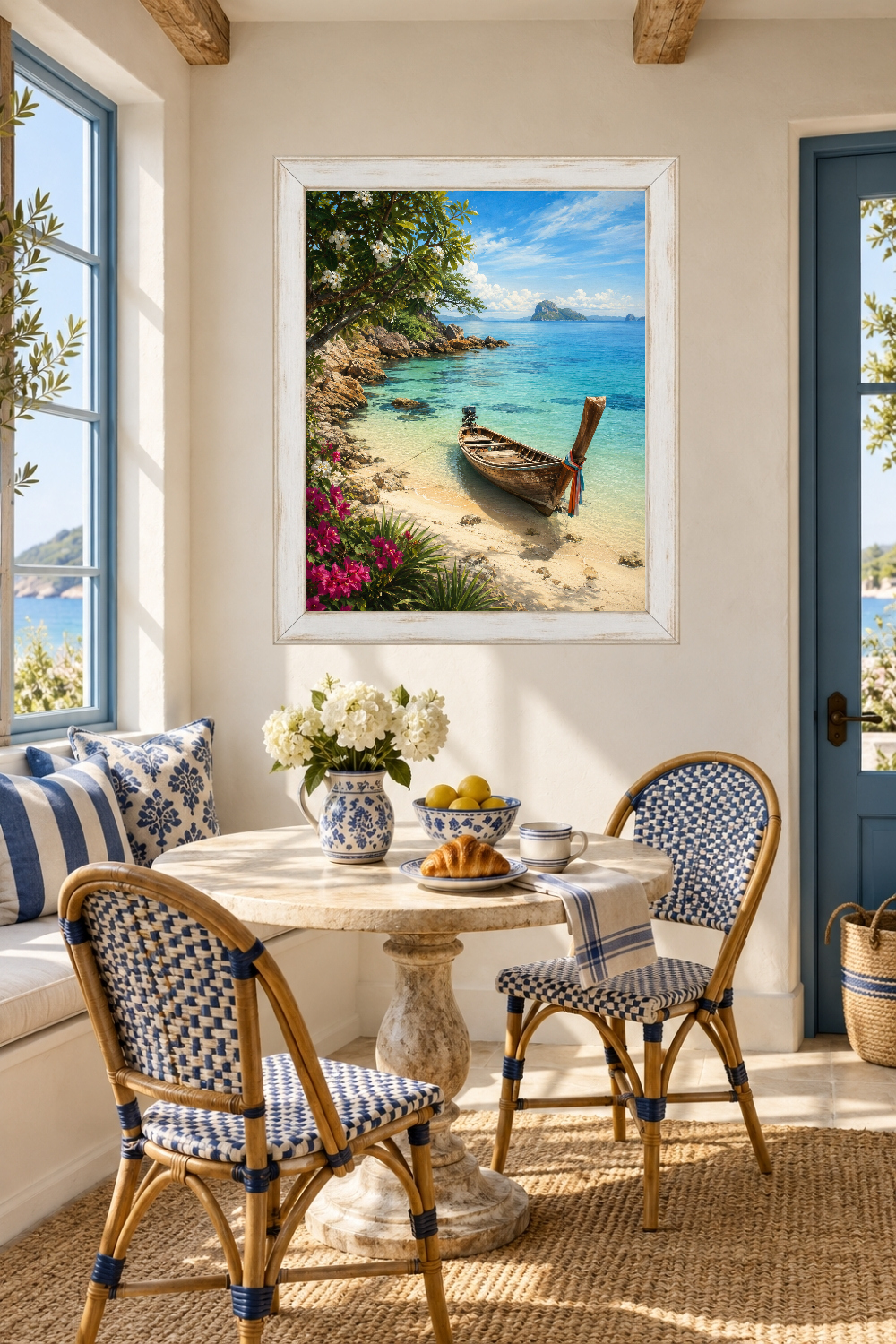 Tropical Longtail Boat Print, Turquoise Beach Scene, Island Coastal Art
