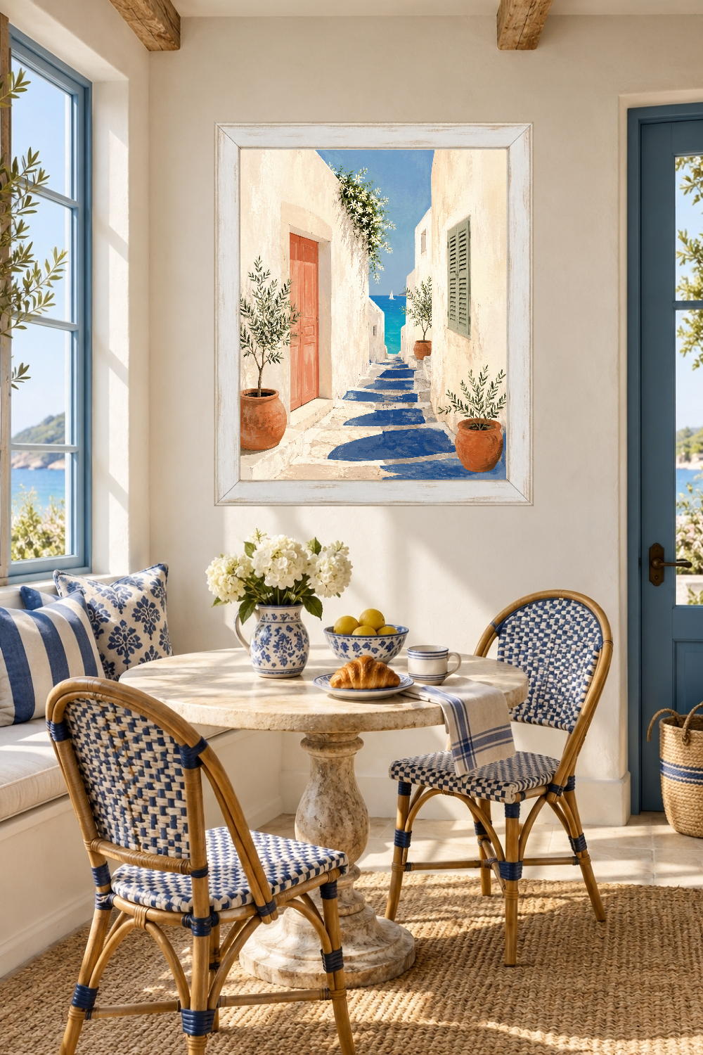 Mediterranean Alley Print, Greek Island Coastal Decor, Olive Tree Sea View