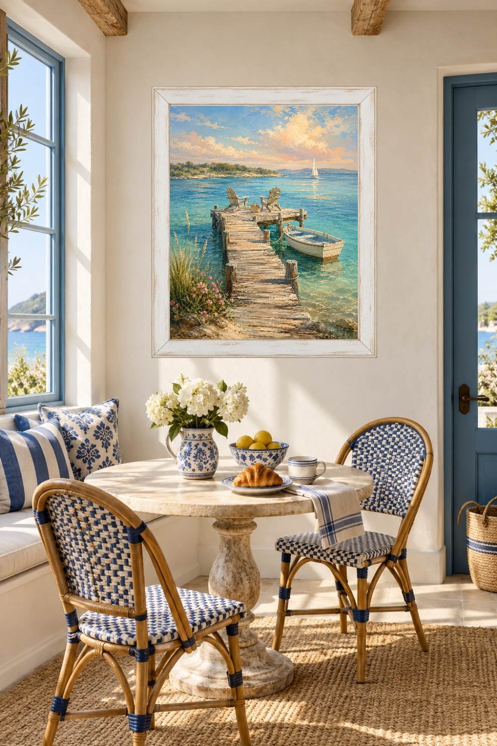 Coastal Dock Print, Adirondack Chairs, Turquoise Ocean, Boat