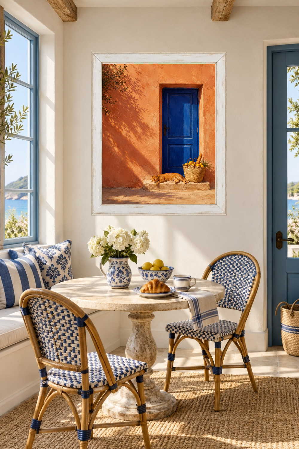 Mediterranean Cat Wall Art, Blue Door, Terracotta Coastal Print