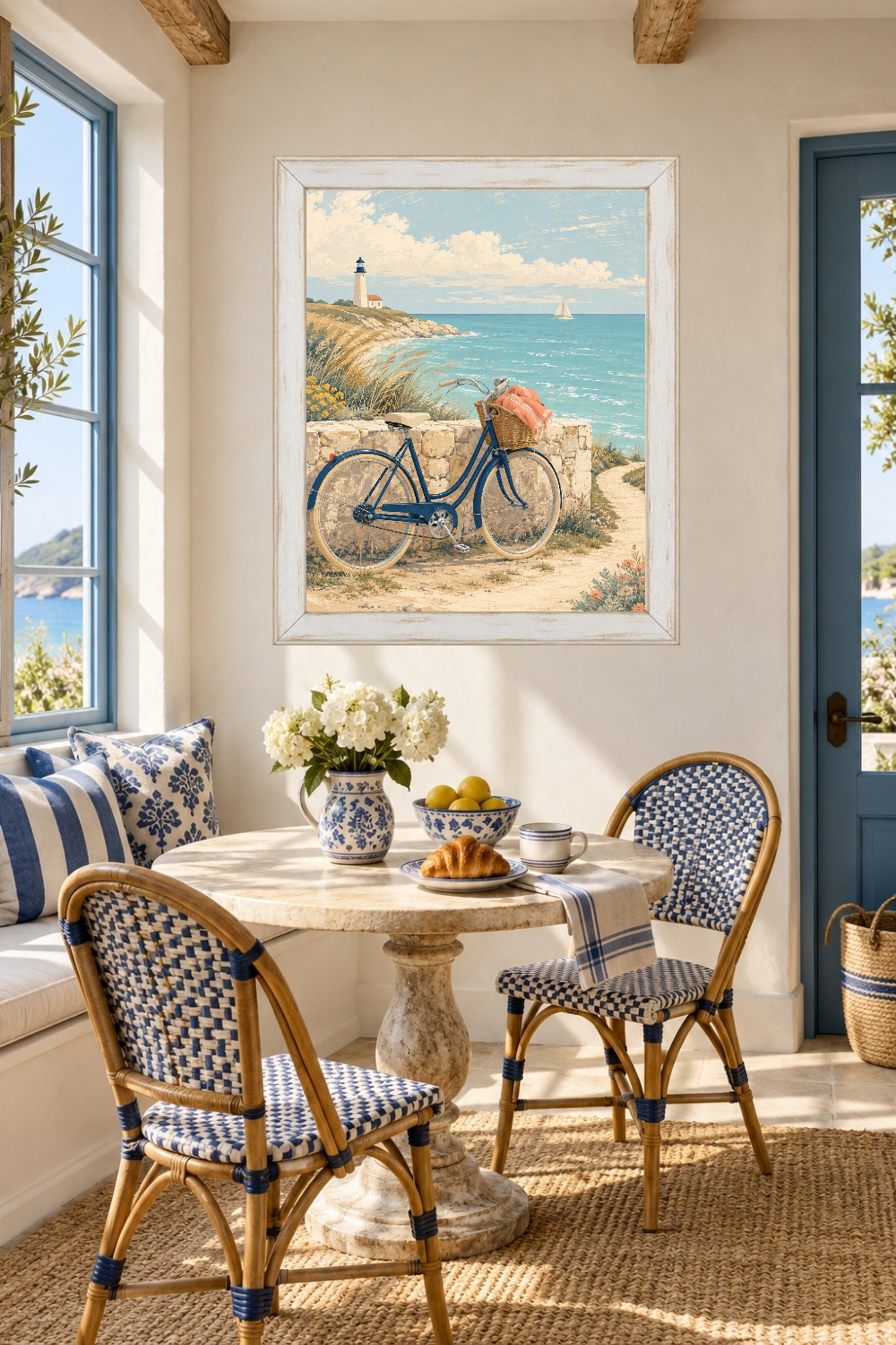 Coastal Bicycle Wall Art, Lighthouse Seaside Print, Vintage Beach Bike Decor