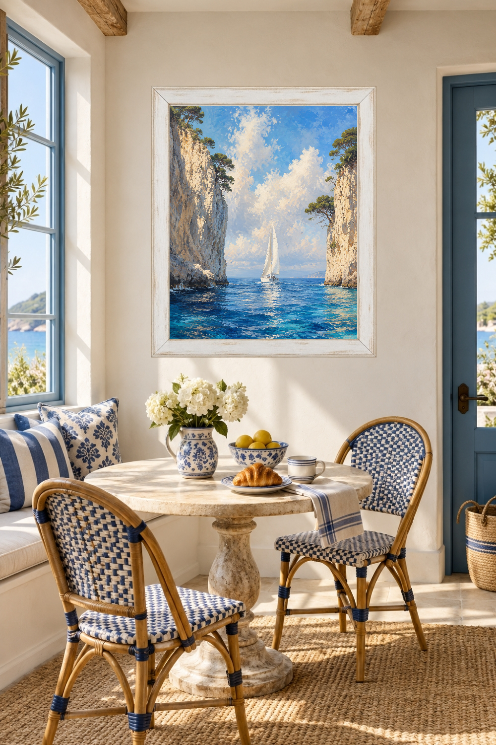 Mediterranean Sailboat Wall Art, Coastal Cliff Seascape, Nautical Ocean Print