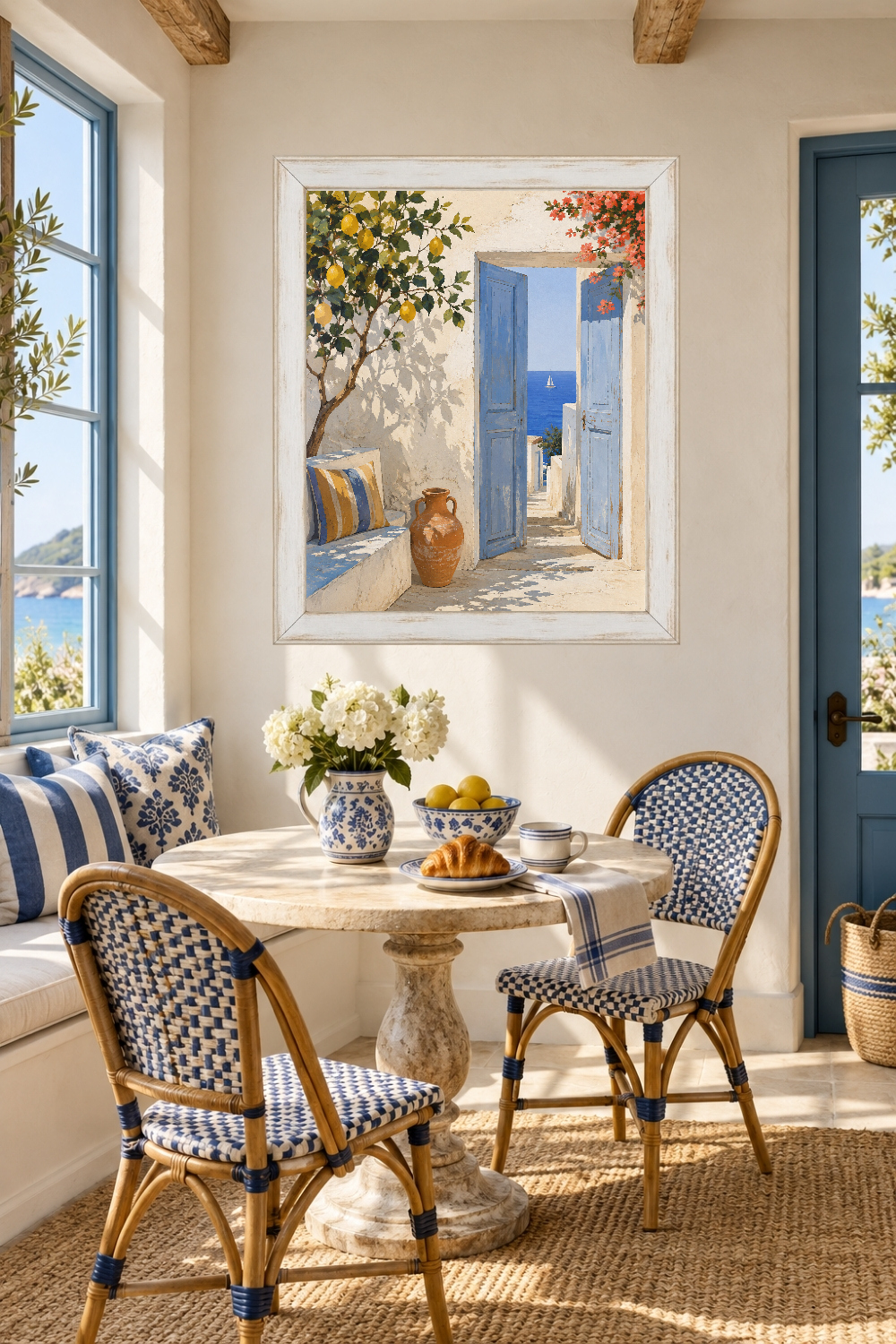 Mediterranean Lemon Tree Print, Blue Door Sea View, Greek Island Coastal Art