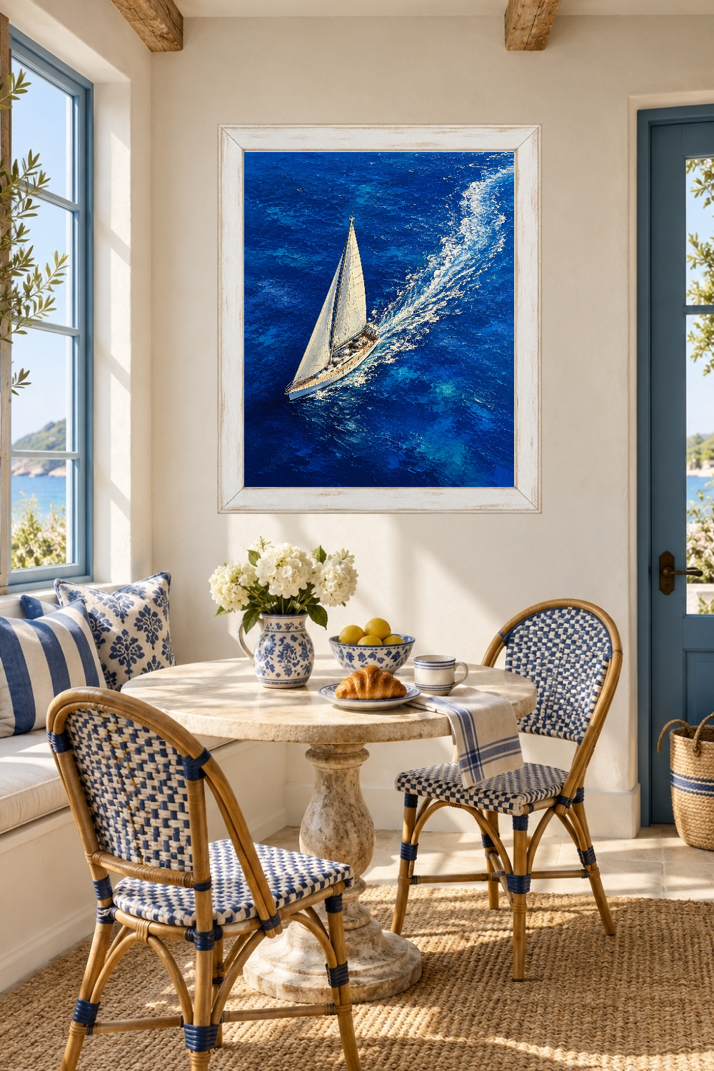 Aerial Sailboat Ocean Print, Deep Blue Yacht Wake, Nautical Wall Art
