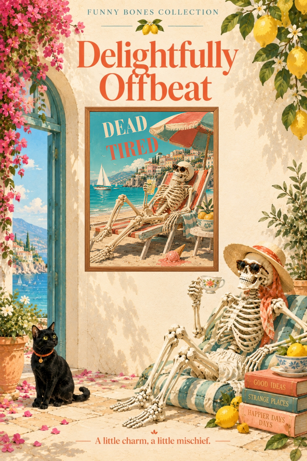 Dead Tired Skeleton Beach Art, Coastal Vacation Humor Wall Decor