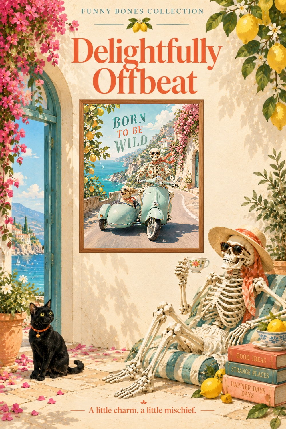 Born to Be Wild Skeleton Scooter Art, Italian Coast Travel Humor Wall Decor