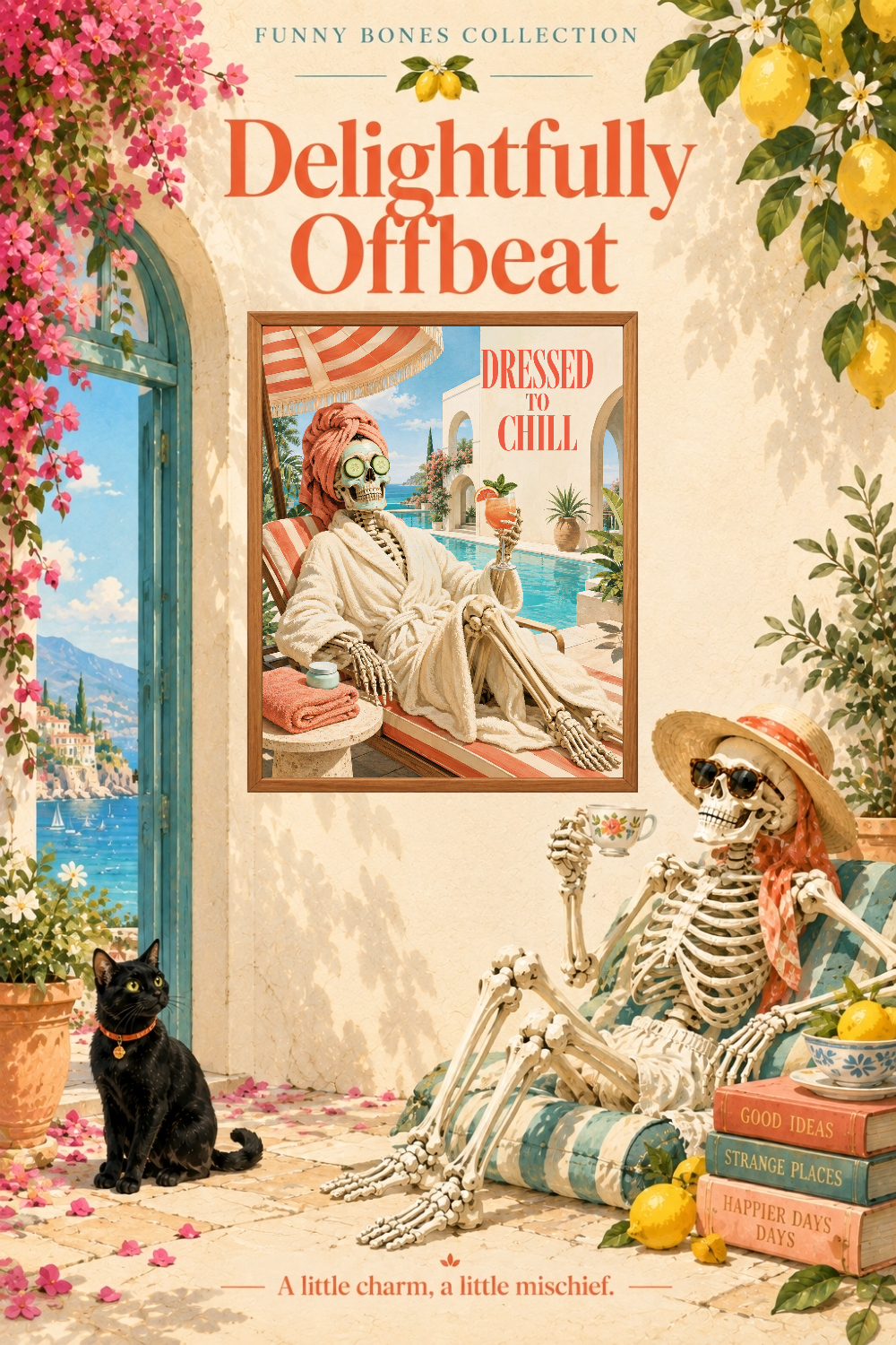 Dressed to Chill Skeleton Spa Art, Retro Poolside Humor Wall Decor