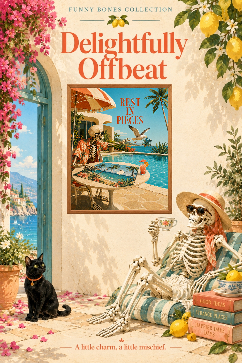 Rest in Pieces Skeleton Pool Art, Tropical Puzzle Humor Wall Decor