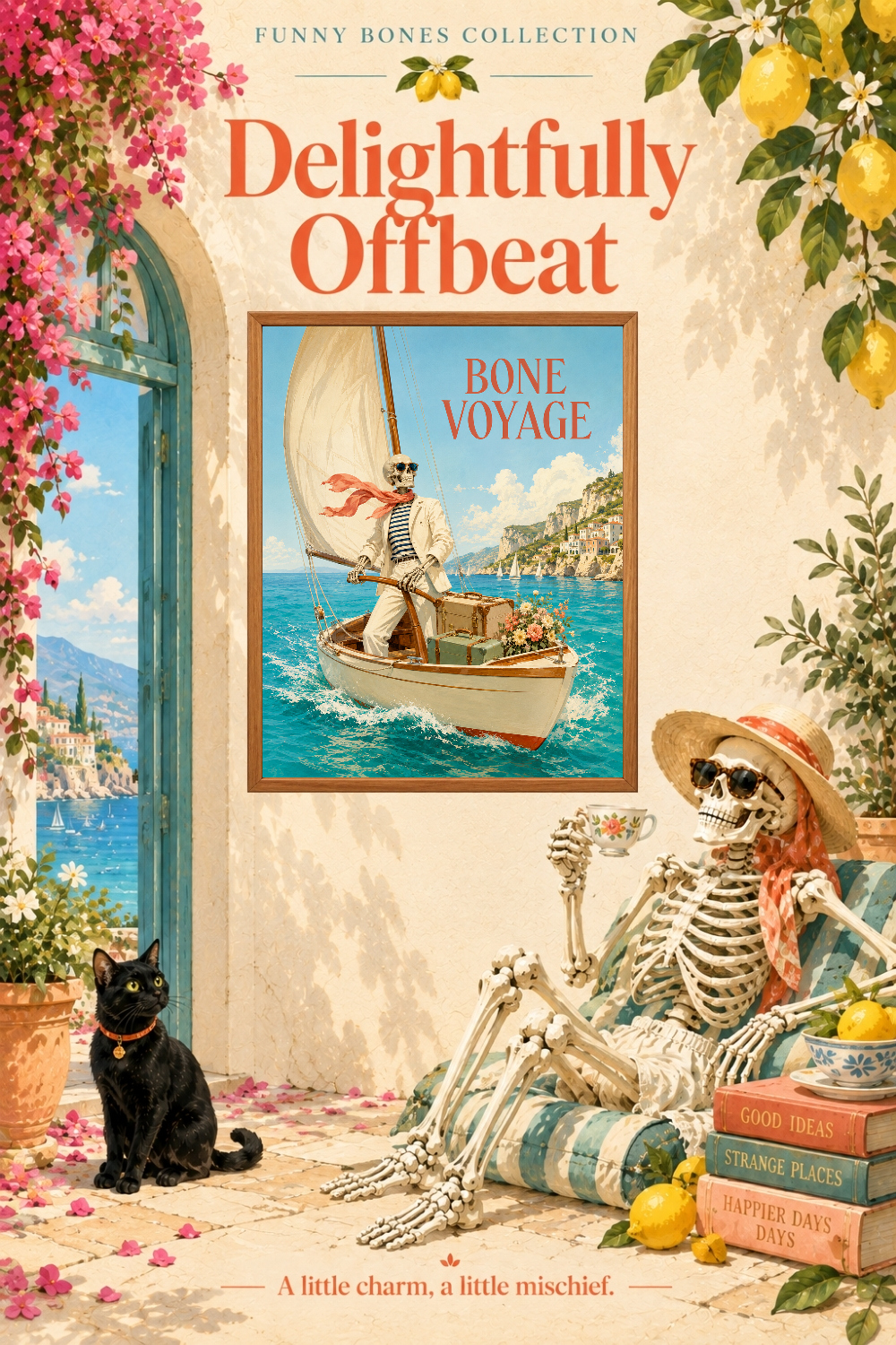 Bone Voyage Skeleton Sailing Art, Mediterranean Nautical Humor Wall Decor