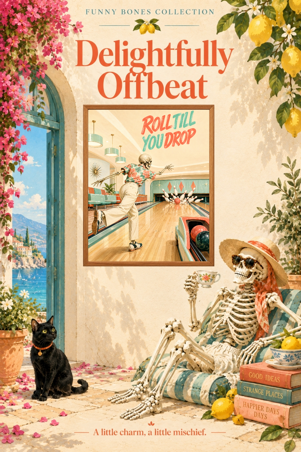 Roll Till You Drop Skeleton Bowling Art, Retro Sports Humor Wall Decor