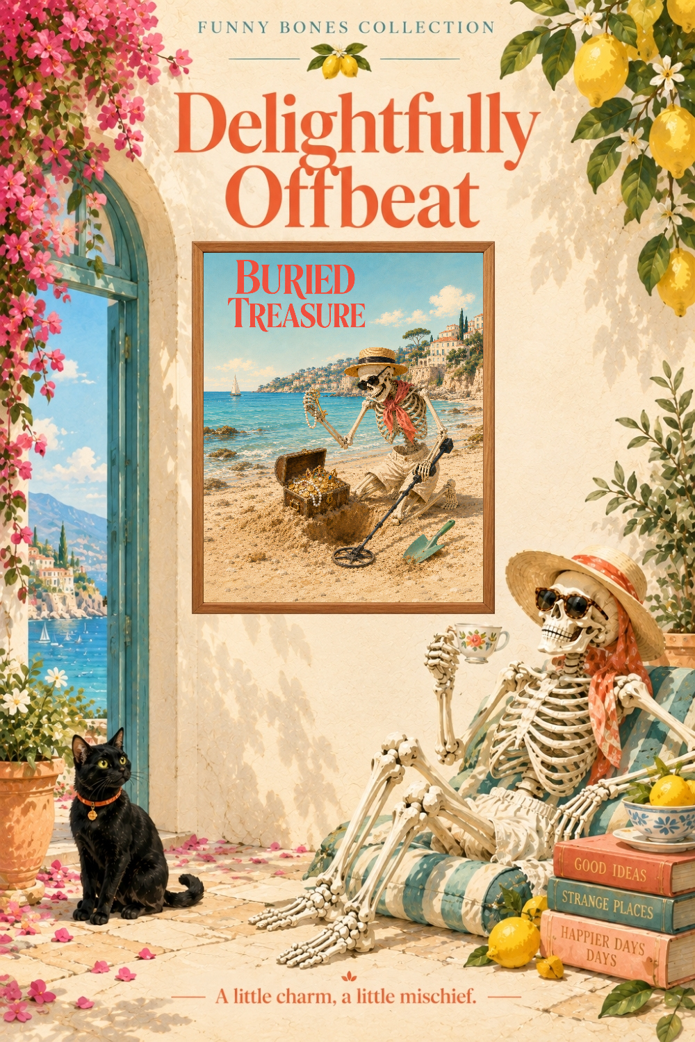 Buried Treasure Skeleton Beach Art, Retro Coastal Humor Wall Decor