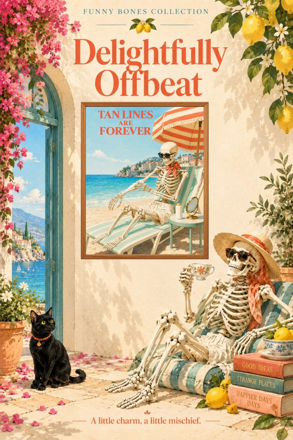 Tan Lines Are Forever Skeleton Art, Retro Coastal Sunbathing Humor Wall Decor