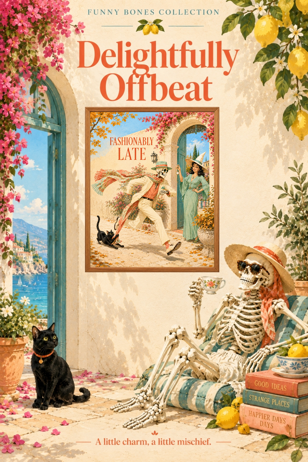 Fashionably Late Skeleton Witch Art, Retro Fashion Humor Wall Decor