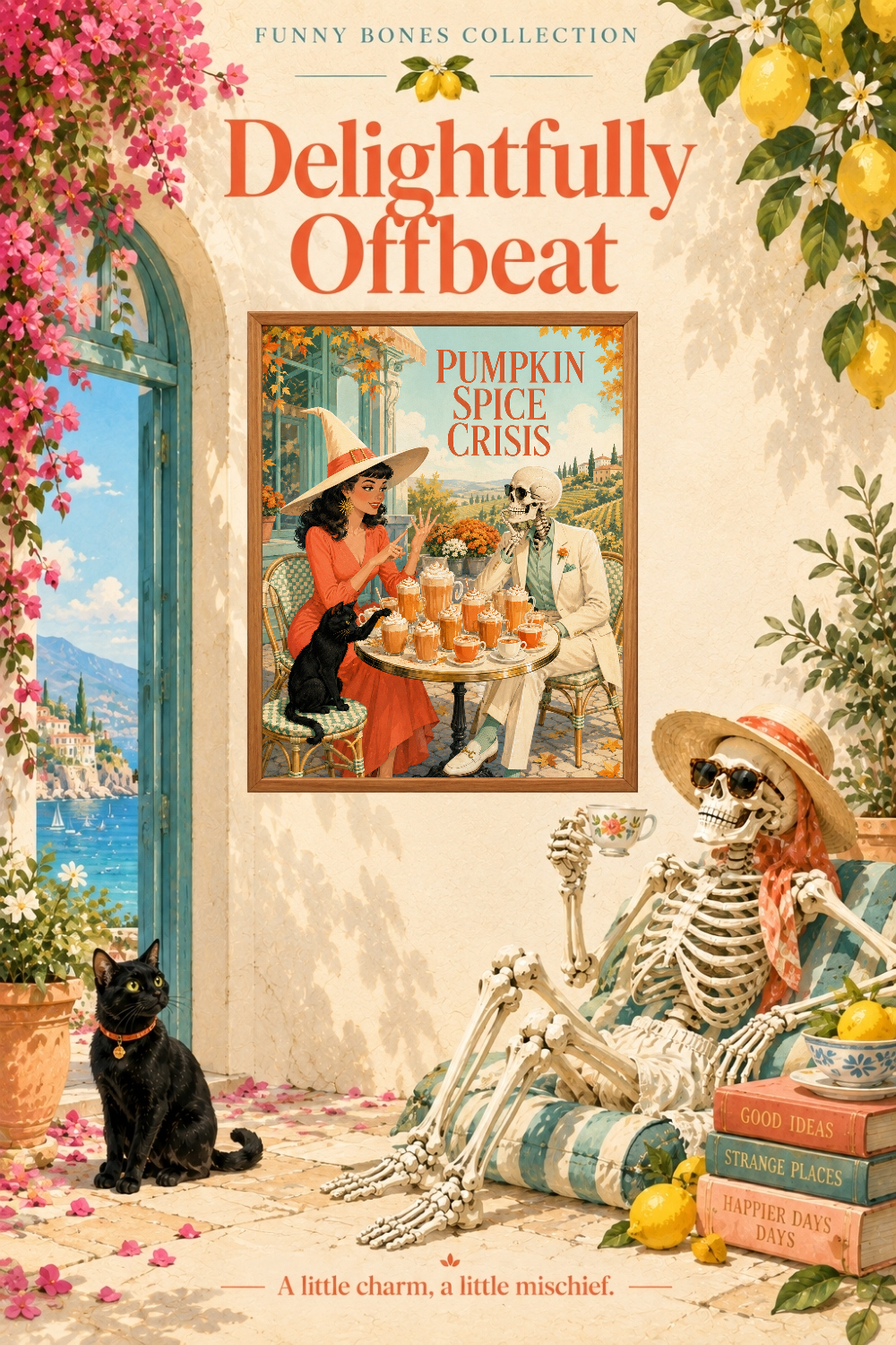 Pumpkin Spice Crisis Witch Skeleton Art, Retro Autumn Café Humor Wall Decor