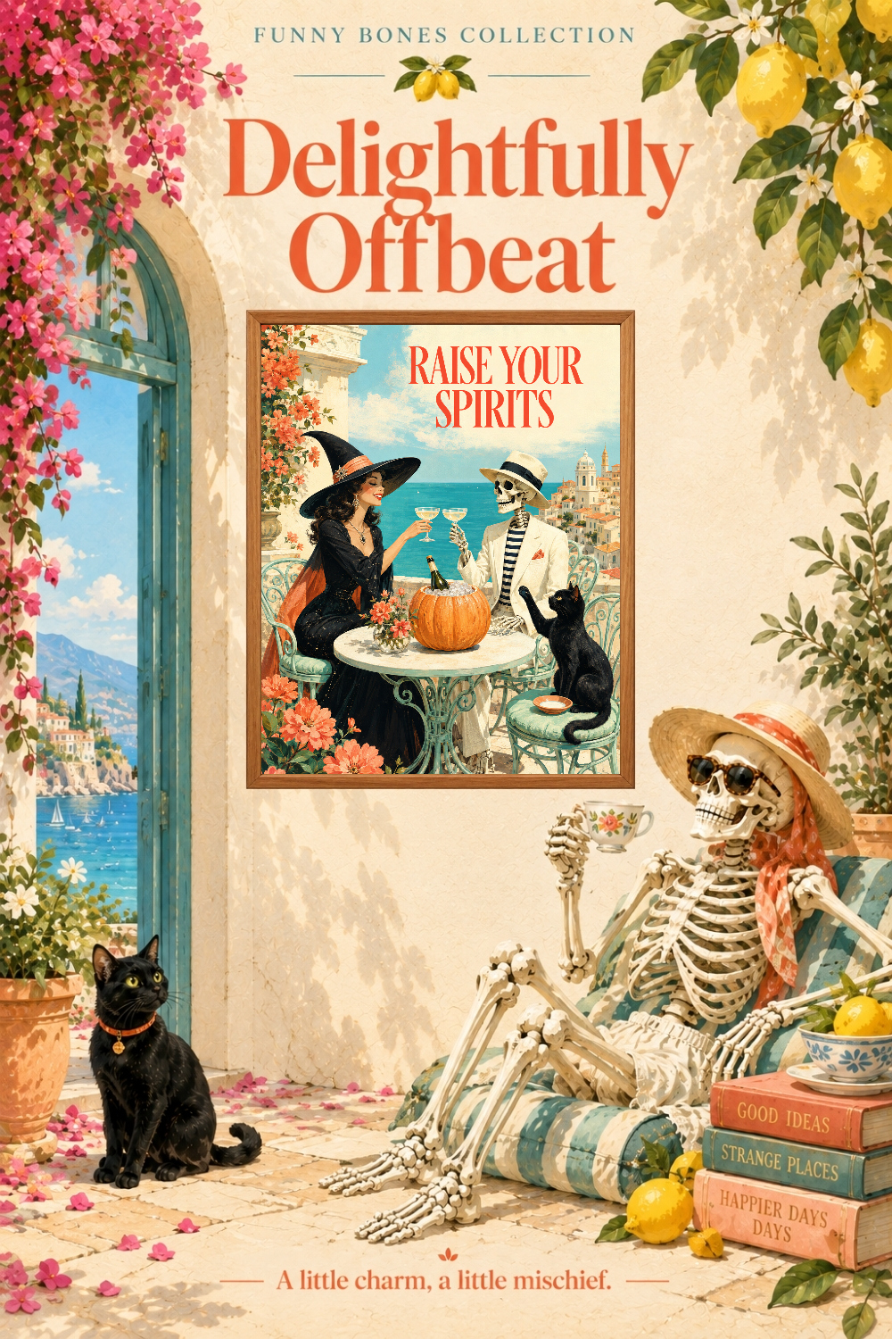 Raise Your Spirits Witch Skeleton Art, Mediterranean Halloween Humor Wall Decor