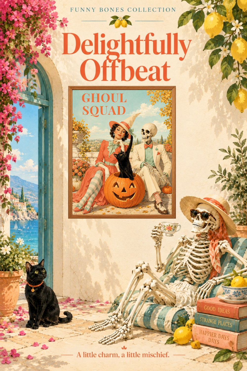 Ghoul Squad Skeleton Witch Art, Retro Black Cat Decor Wall Decor