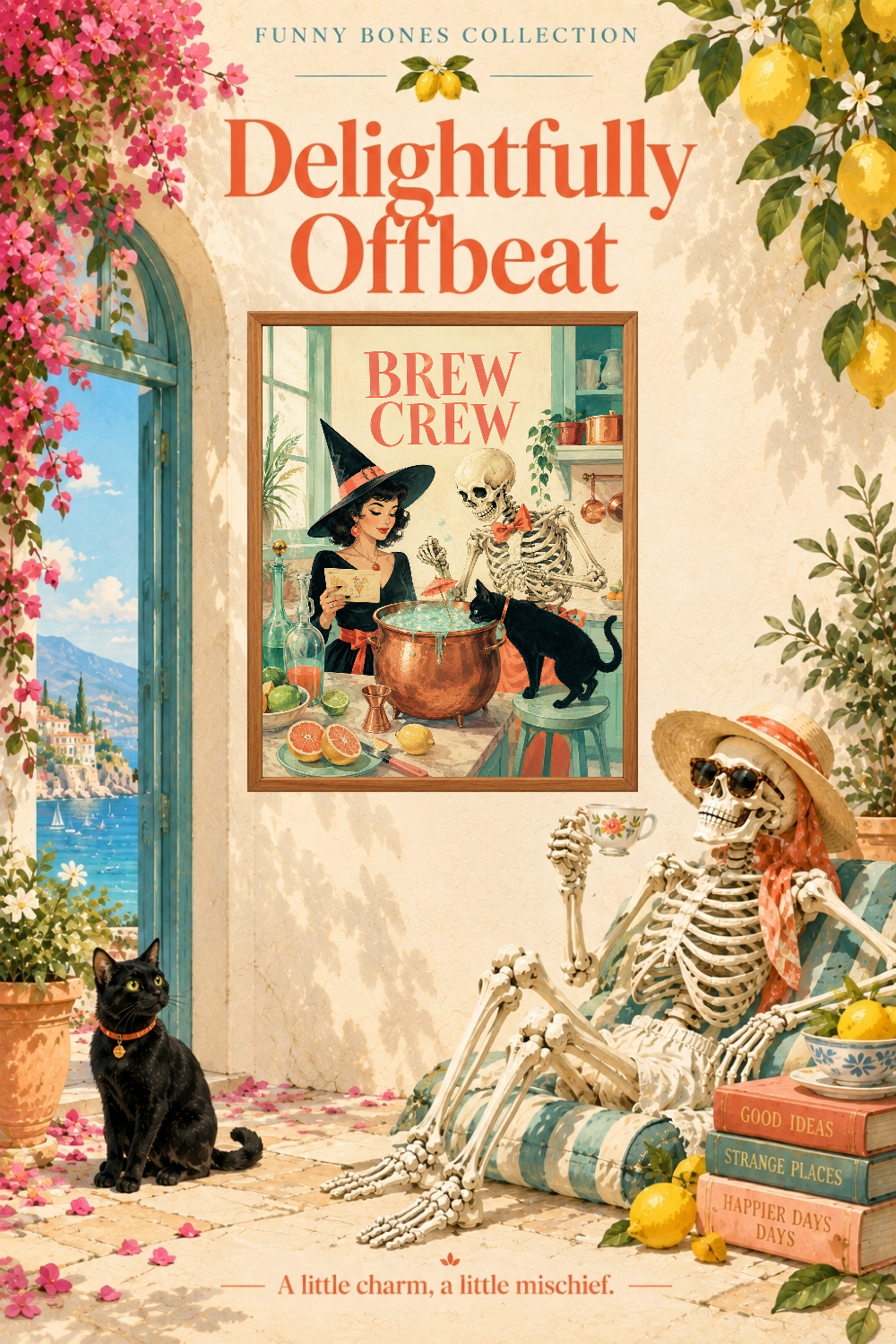 Brew Crew Witch Skeleton Kitchen Art, Retro Halloween Potion Humor Wall Decor