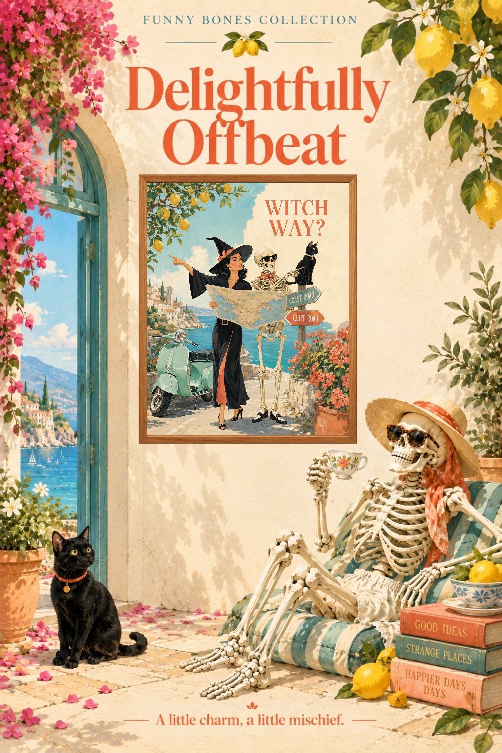 Witch Way Skeleton Travel Art, Mediterranean Road Trip Humor Wall Decor