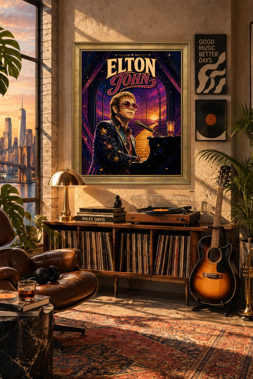 Elton John Glam Rock Poster, 70s Piano Legend Art