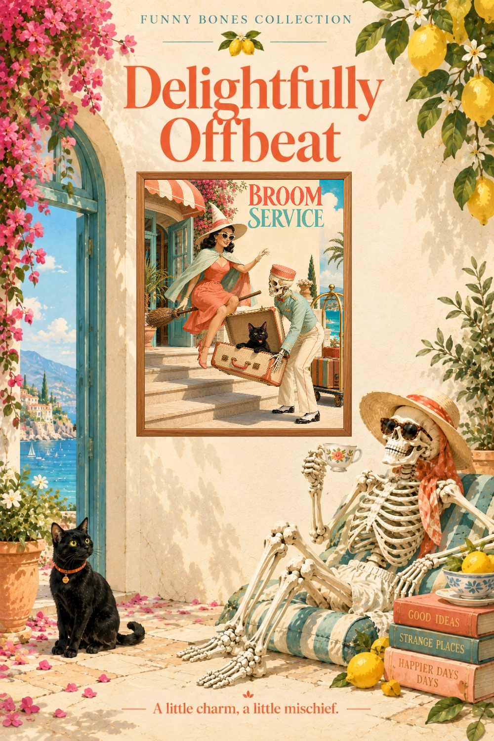 Broom Service Witch Skeleton Art, Retro Coastal Halloween Humor Wall Decor